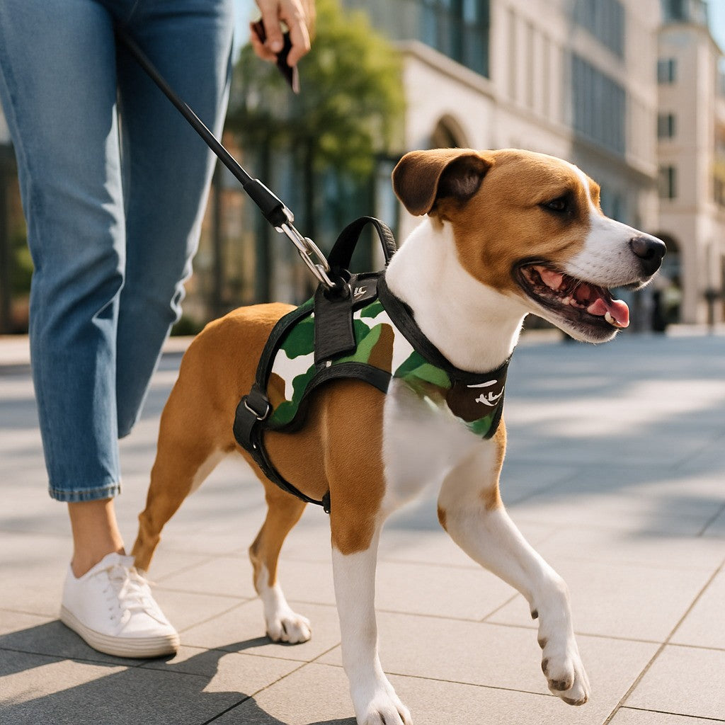 Harnais_pour_chien_CaniParcours_ une mache en ville avec son maitre