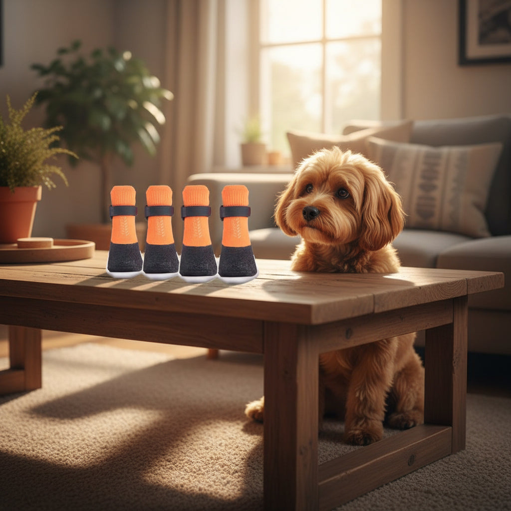 Chaussures chien  | Confort PawSoft™ Orange regardé par petit chien dans salon