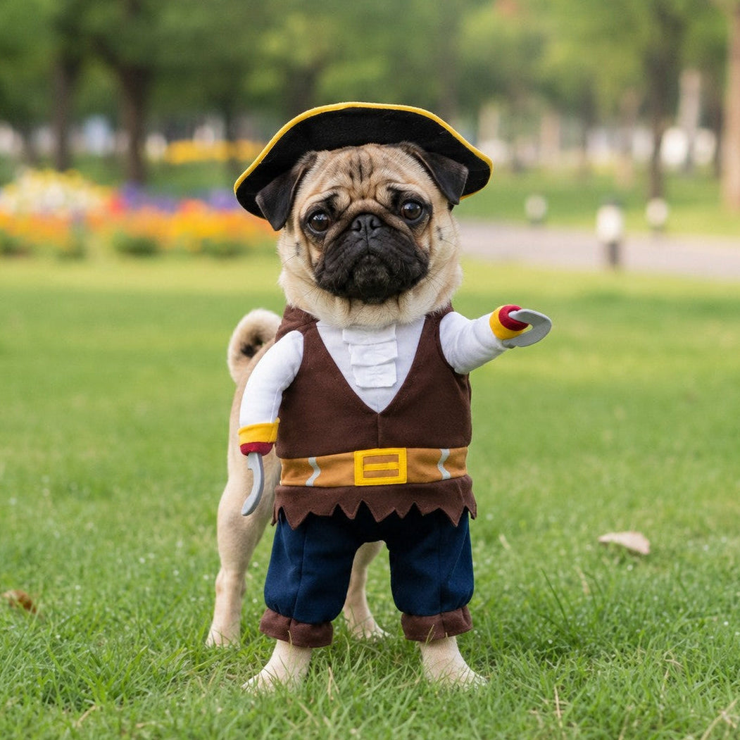 Déguisement Chien : un carlin déguisé en pirate dans un parc