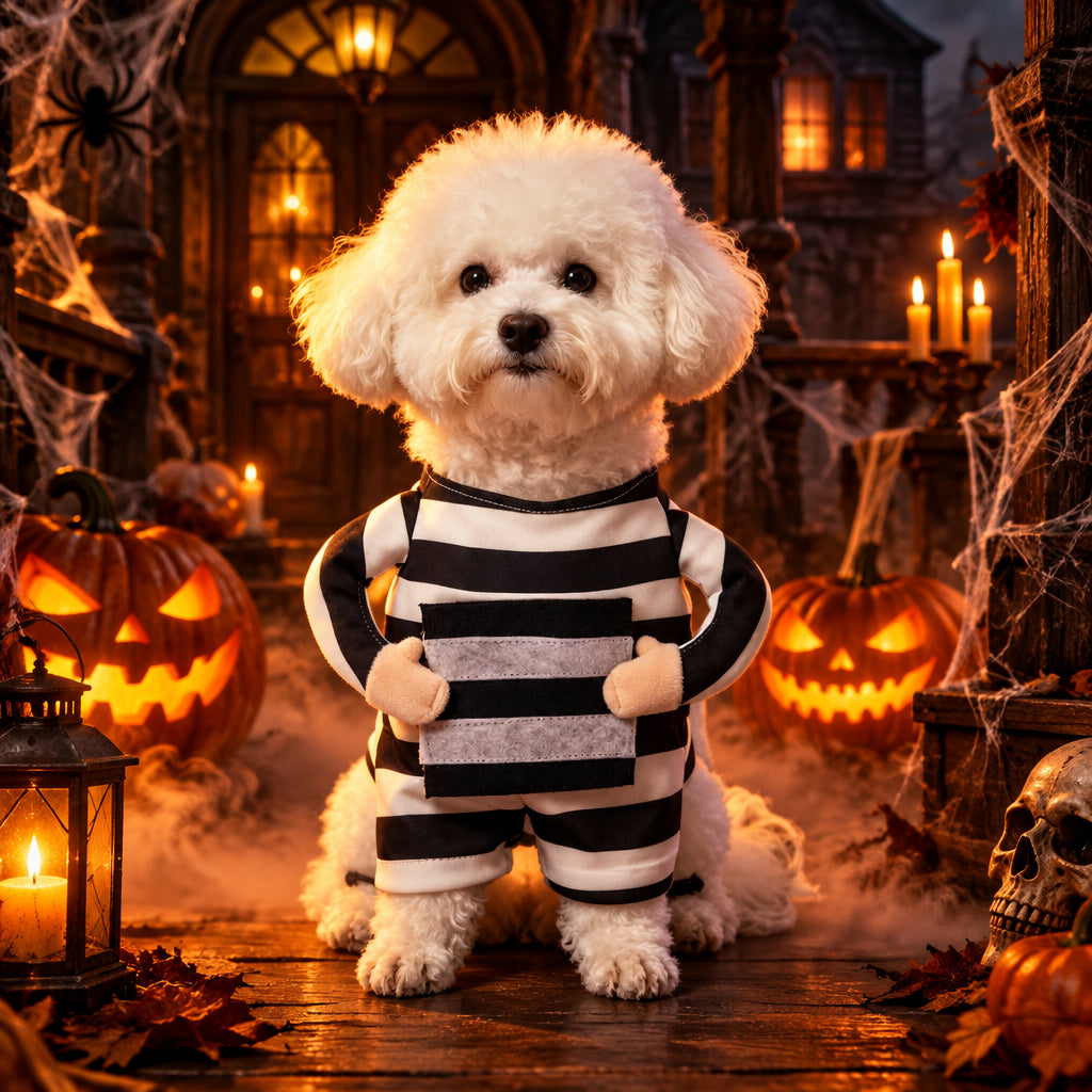 Déguisement chien Halloween - Prisonnier devant une maison décorée