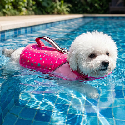 Gilet de sauvetage Chien • NageToutou™ : rose dans piscine