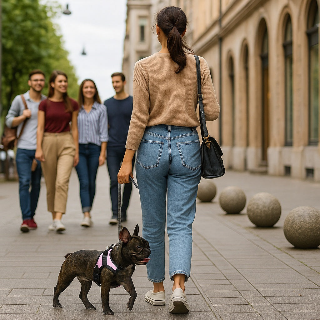 Harnais_pour_chien_CaniParcours_ une mache en ville avec son maitre 