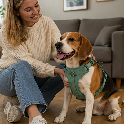Harnais pour Chien | Rythmi’Toutou™ : vert attaché par une personne