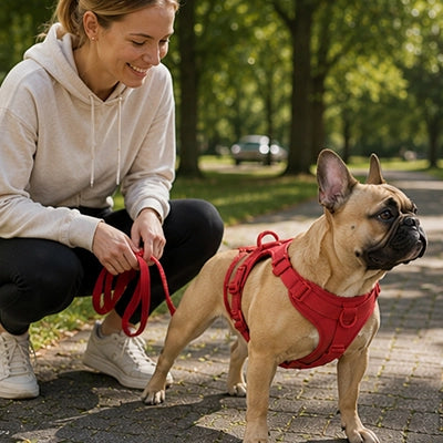 Harnais pour Chien | Rythmi’Toutou™ : rouge, marche dans un parc