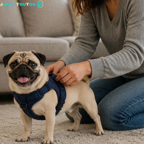 Harnais pour Chien | Rythmi’Toutou™ : bleu attaché par une personne