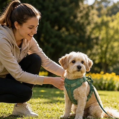 Harnais pour Chien | Rythmi’Toutou™ : vert attaché par une personne