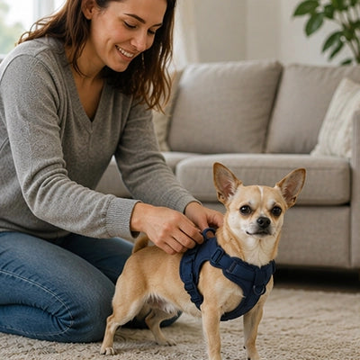 Harnais pour Chien | Rythmi’Toutou™ : bleu attaché par une peersonne