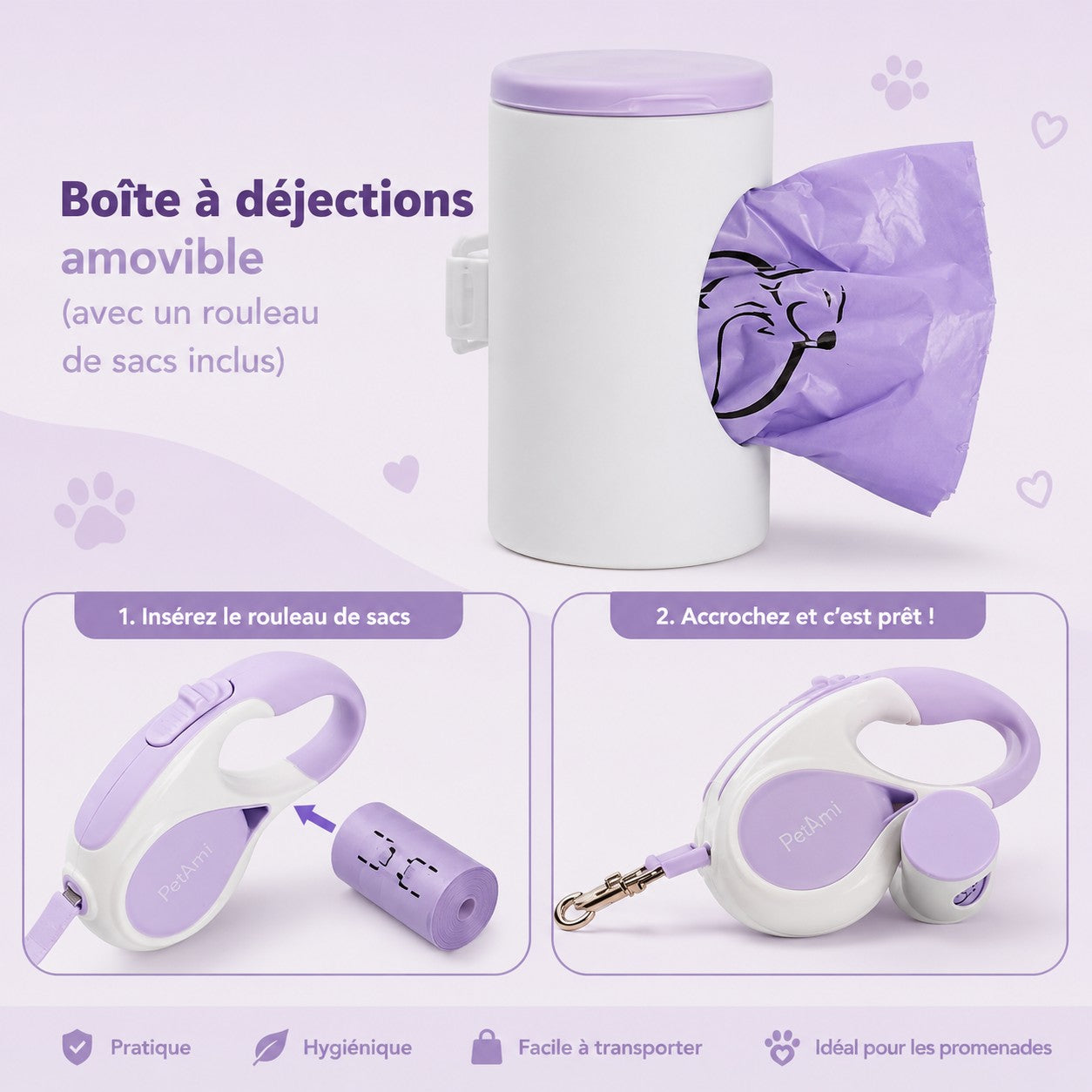 Laisse chien enrouleur • Laisse JappyHorizon™ : boite conteneur de sac à déchet