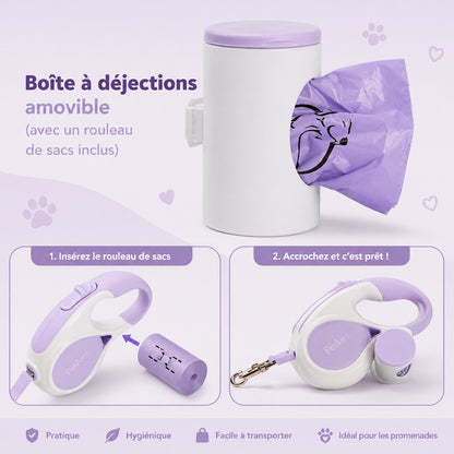 Laisse chien enrouleur • Laisse JappyHorizon™ : boite conteneur de sac à déchet