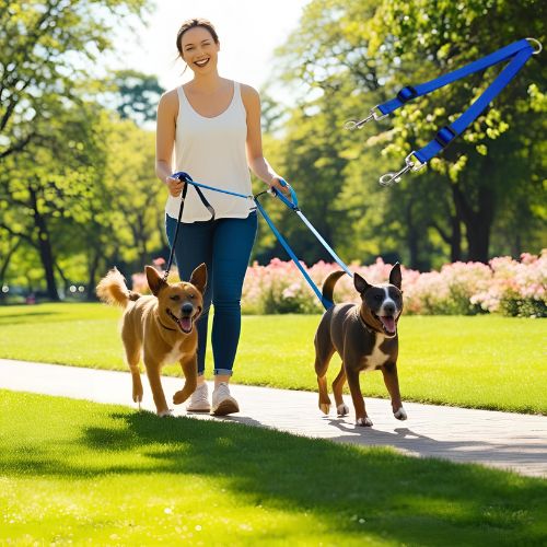 Laisse double pour chien BLEU FONCE marche dans le parc