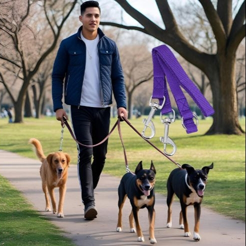 Laisse_double_pour_chien_violet au parc
