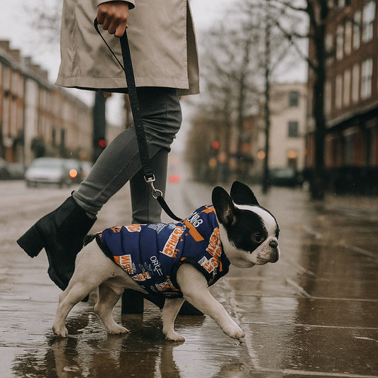 Une personne marche en ville avec son petit chien sous une journée d'automne grise et pluvieuse