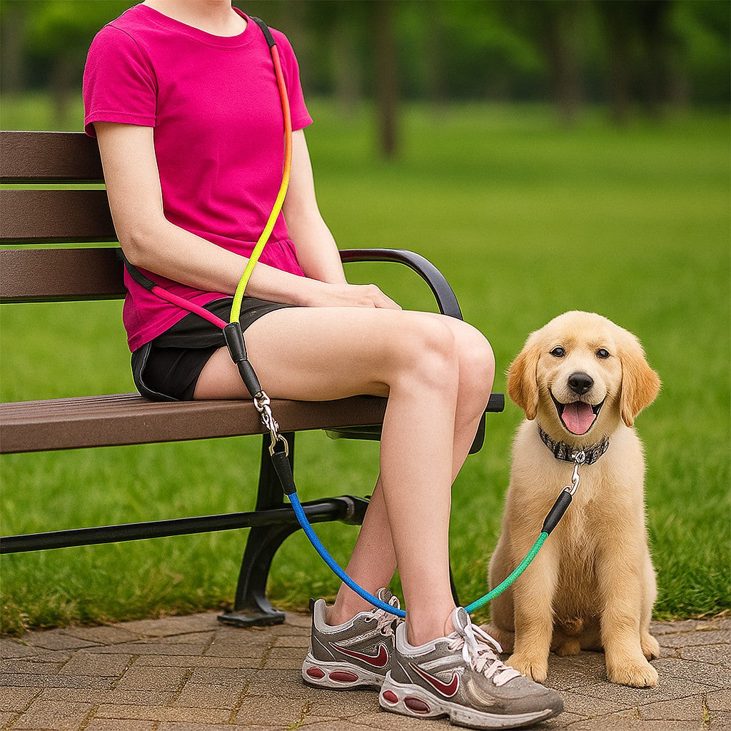 Laisse_chien_main_libre-_Libert_avec_toutou pose assis sur un banc