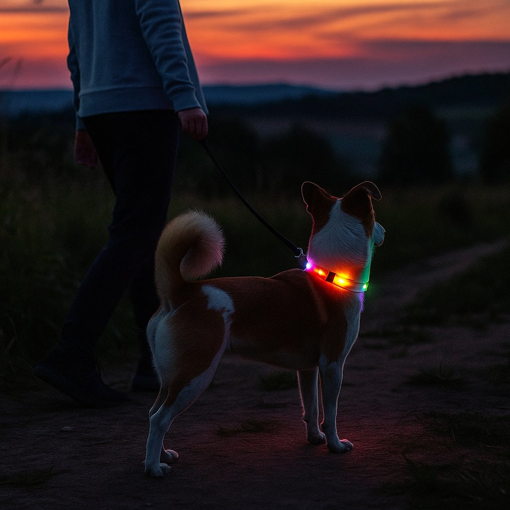 Collier lumineux pour chien, choix écologique, responsable, marche par une belle soirée
