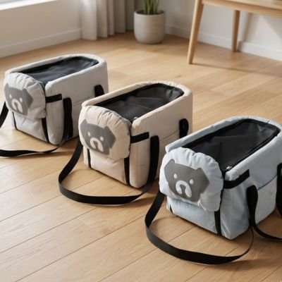 Sac de transport pour Chien • JappyMobiloo™ : Coloris gris clair, beige, et bleu avec motif décoratif